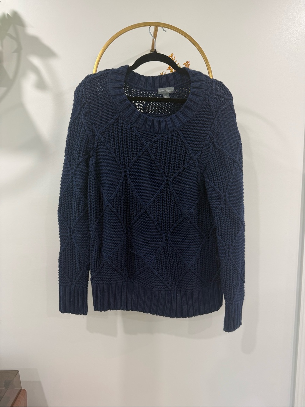 Market & Spruce Navy Diamond Cable Knit Crewneck Sweater